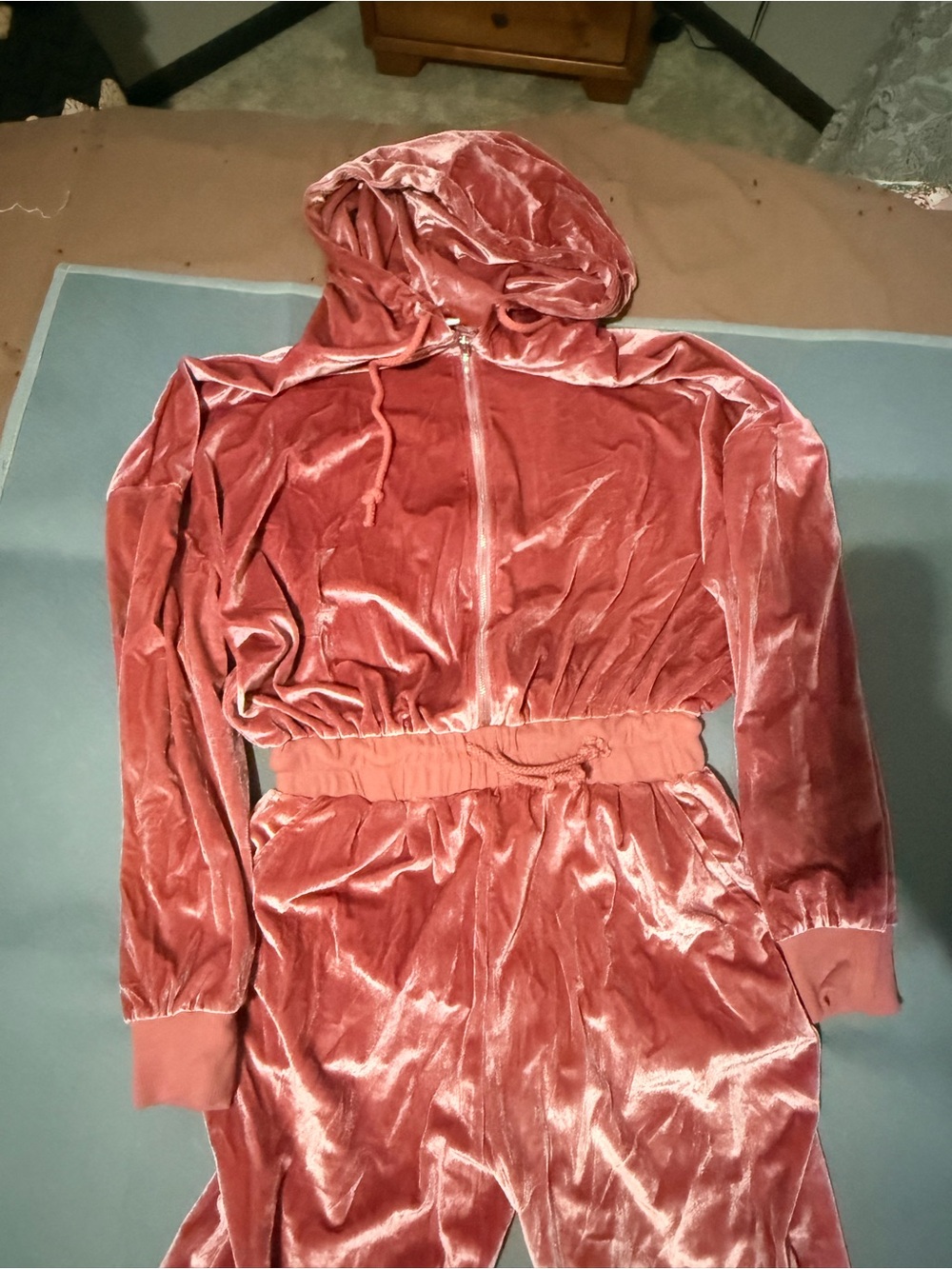 Fashion Nova Velvet Hooded Jumpsuit in Dusty Rose